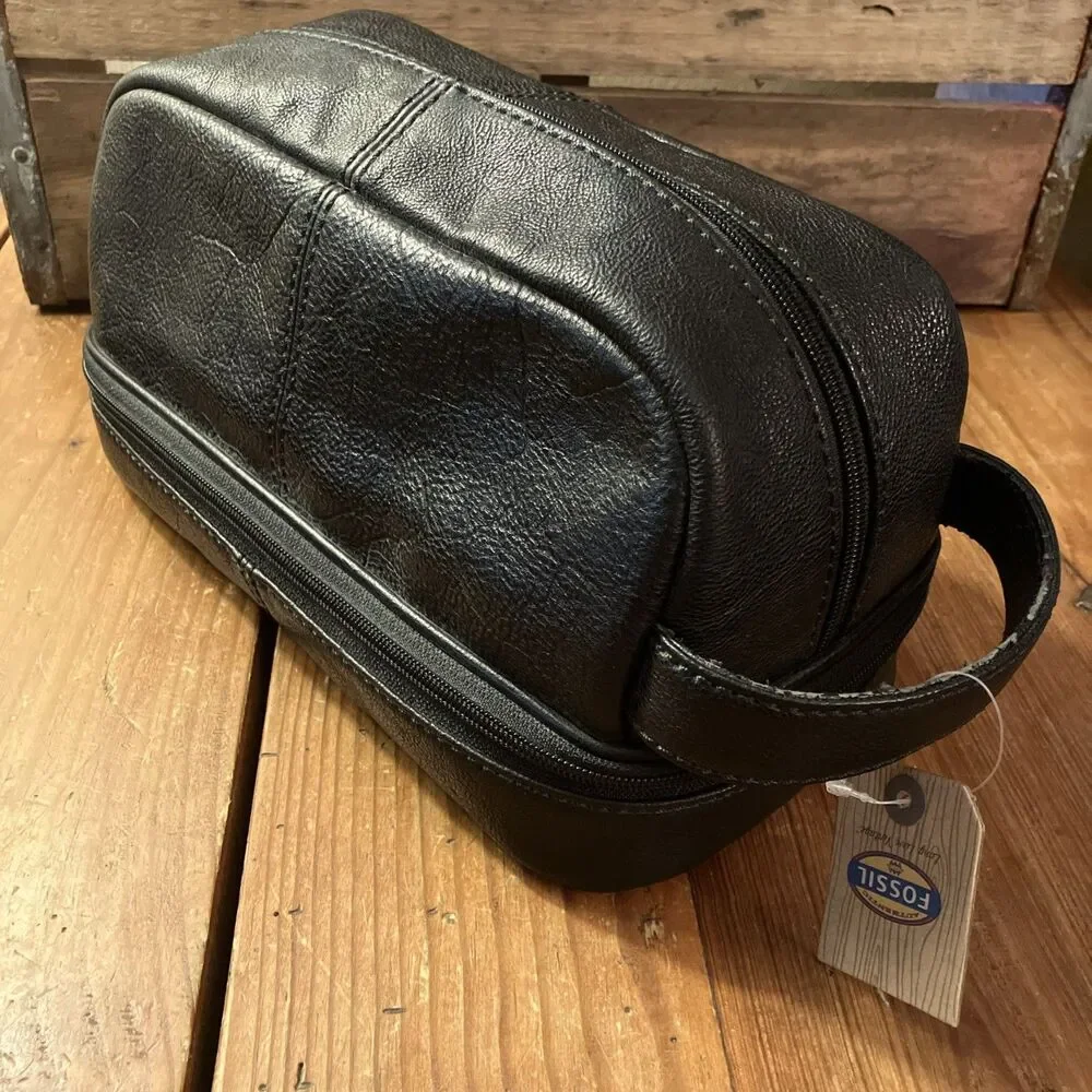 Vintage FOSSIL Black Leather Toiletry Zip Around Shave Kit Bag